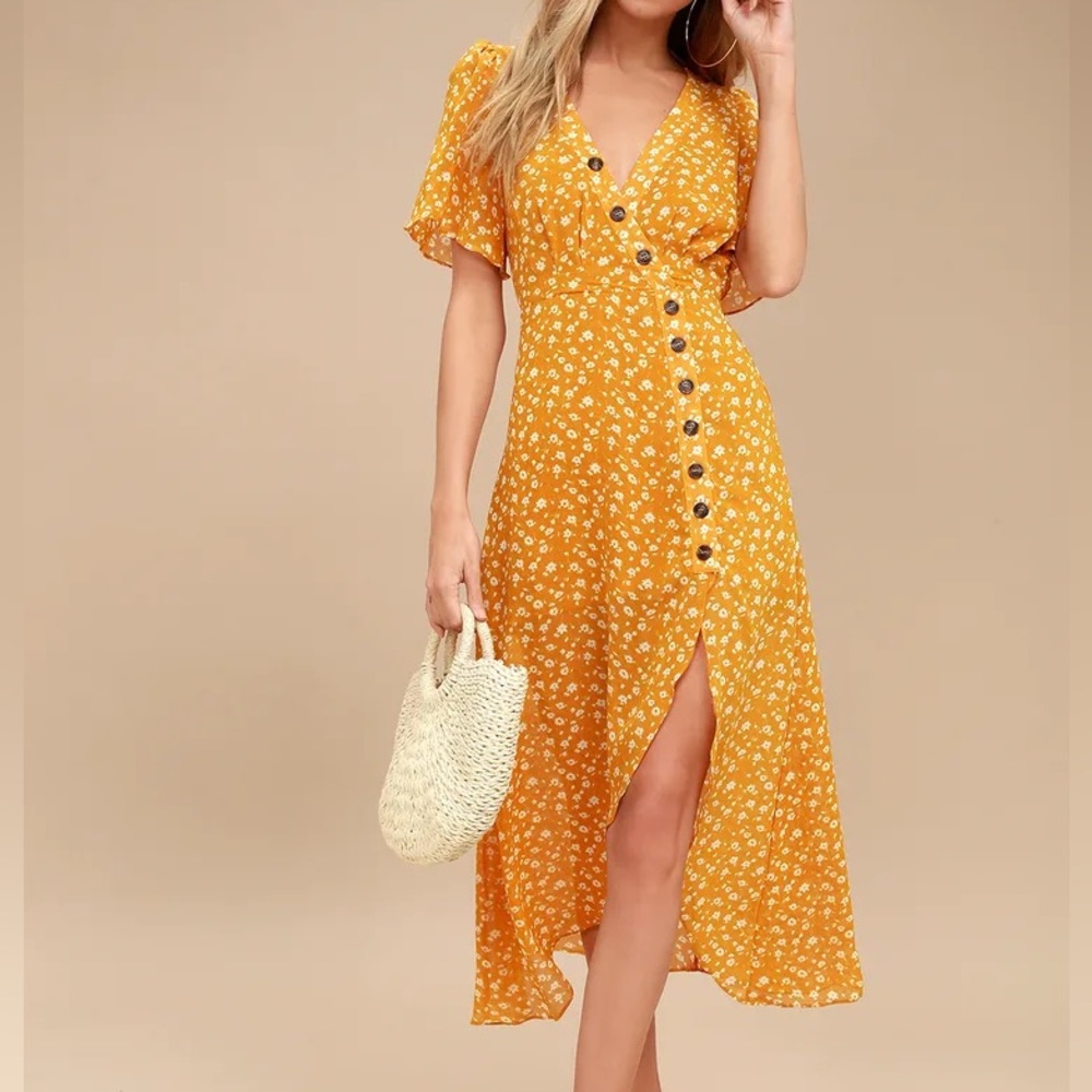 Lulus After-Bloom Delight Golden Yellow Floral Print Midi Dress